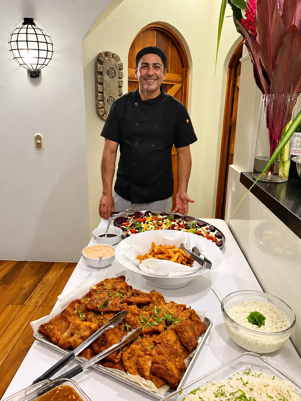Jorge next to a home-style buffet he prepared