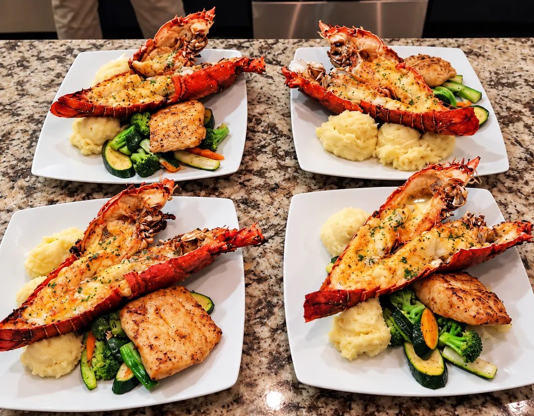 Grilled lobster tails with fresh vegetables