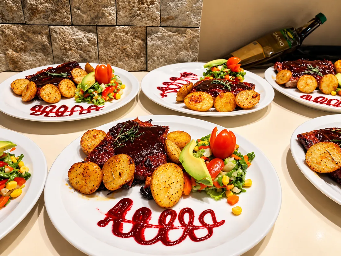Glazed meat with salad and roasted potatoes